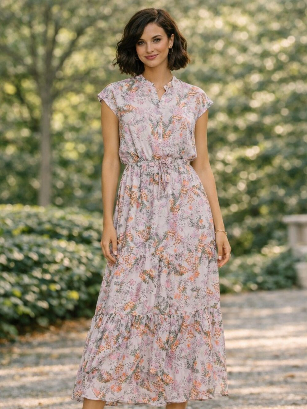 Rebecca Minkoff Giselle floral sleeveless tiered flowy skirt button up t…